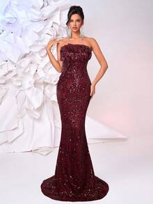 Glamrae Luxury Handmade Chocolate Brown Beaded Applique Mermaid Formal Evening Gown With Adjustable Lace-Up Back, Sophisticated Craftsmanship - Burgundy - View 5