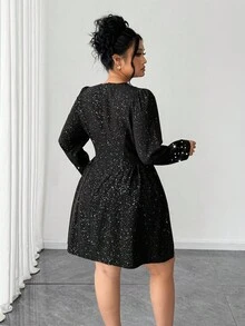 Elenzga Women's Pearl Embellished Metallic Long Sleeve Elegant Dress - Black - View 2