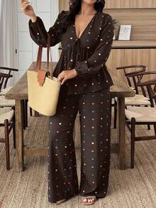 SHEIN LUNE Plus Size Heart Print Shirt And Pants 2 Pieces Set - Multicolor - View 7