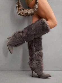 CUCCOO SZL Giày bốt cao đến đầu gối nữ thời trang sang trọng, mũi nhọn, lót lông giả, khóa kéo màu kaki - Màu Khaki - Xem 7