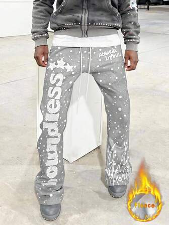 Manfinity Roghcode Men's Simple Print Fashionable Warm Grey Flared Sweatpants Men Letter Print Elastic Pants Men Graphic Sweatpants , Men's Winter Apparel, Perfect Gift For Boyfriend, Highly Fashionable For Streetwear, Campus & Halloween