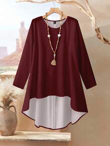 Rusticease 2pcs/Set Burgundy Women Loose Fit Round Neck Long Sleeve Top And Pants Set, Summer/Autumn - Multicolor - View 1