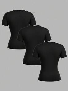 SHEIN EZwear 3pcs Women Casual Crew Neck Bodycon Long Sleeve T-Shirt Set - Black - View 2