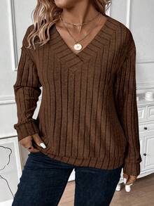 EMERY ROSE Casual Fashionable Minimalist 12*4 Fleece Ribbed V-Neck Plus Size Sweatshirt, Autumn/Winter - Coffee Brown - View 3