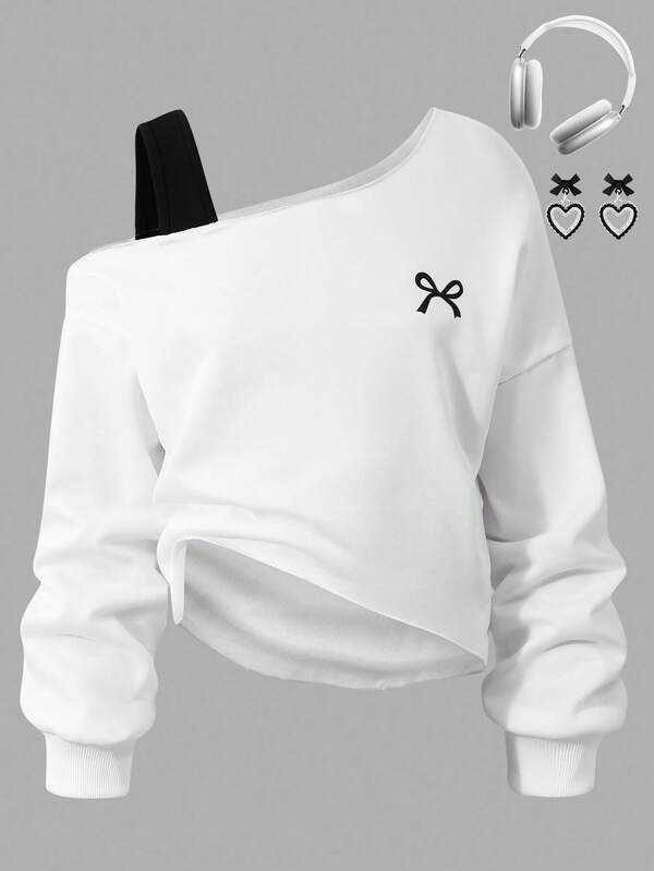 Sudadera casual con estampado de moños, hombros descubiertos y bajo asimétrico para niñas preadolescentes