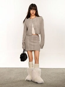 INAWLY Ensemble pull torsadé en tricot de câble et mini-jupe - Gris - Voir 2