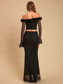 Glamine Elegant Black Lace Off Shoulder Flare Sleeve T-Shirt&Bodycon Ruffle Hem Skirt Women's 2-Piece Set,Summer Dinner Evening Gala Party Outfit - Black - View 6
