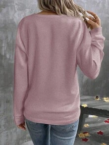 EMERY ROSE 女式 V 领多层条纹印花休闲百搭长袖 T 恤，秋冬 - 粉色 - 查看 2