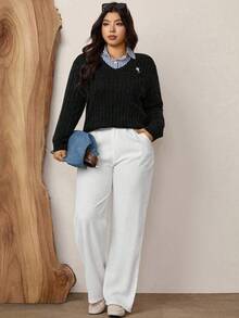 Zelara Plus Size Casual Versatile Embroidered Detail Sweater, Autumn/Winter - Black - View 6