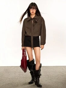 Rina Fox 休闲格子领结女式衬衫 - 棕色 - 查看 2