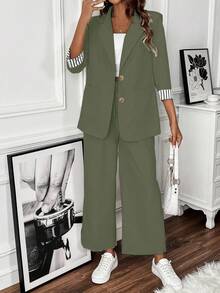 SHEIN Clasi Ensemble de costume 2 pièces femme, veste blazer à manches longues et pantalon de couleur unie, pour l'été - Militaire verte - Voir 5