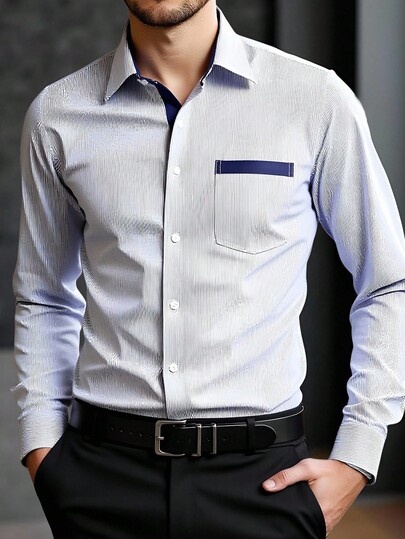 Manfinity Mode Men's Business Striped Patchwork Long Sleeve Shirt With Collar, Fall