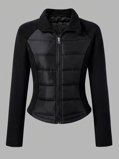 Chaqueta cortavientos acolchada de tela tejida con forro de algodón, mangas y cuello de tela de punto, diseño ajustado, adecuada para uso diario, salidas, fiestas y sesiones de fotos en otoño/invierno para adolescentes