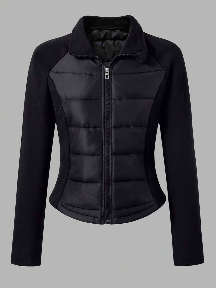 少女休闲时尚绗缝梭织面料风衣，棉质衬里，针织面料袖子和领子，修身设计，适合秋冬季日常通勤、郊游、派对、拍照 - 黑色 - 查看 1