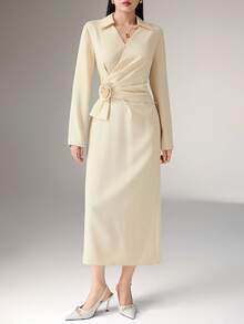 Heiryn Elegant V-Neck Ruched Collar Waist Pleated Floral Dress, Sophisticated Office Wear - Apricot - View 4