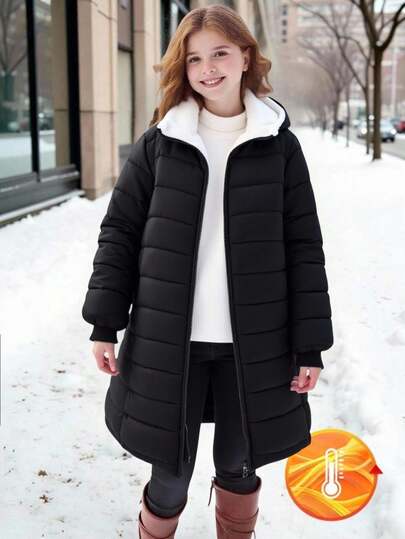 Teen Girls' Winter Long Loose Hooded Padded Padded Coat, Suitable For Daily Commute And Gatherings Fall