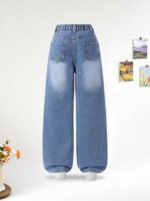 SHEIN ChillGRL Denimly 年轻女孩复古时尚街头风格松紧腰纽扣前拉链黑色蝴蝶结装饰爱心贴片刺绣牛仔裤，加大码 - 中等水洗藍 - 查看 2