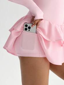 SHEIN Sovereign Charm 女士夏季运动连衣裙，短袖露背设计，牛奶丝面料带衬里，腰带带口袋，双层裙摆，适合户外运动、瑜伽、健身、网球、跑步 - 粉色 - 查看 6