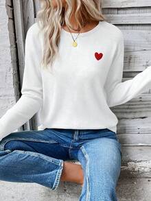 EMERY ROSE Women's New Fashion Heart Print Round Neck Long Sleeve T-Shirt - White - View 3