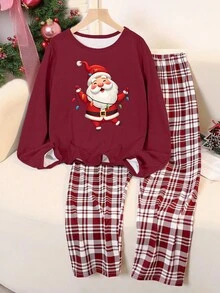 青少年女孩圣诞圣诞老人印花牛奶丝勃艮第圆领长袖上衣 + 全身勃艮第格子宽松舒适两件套睡衣套装，圣诞红格子裤套装，圣诞主题 - 酒紅色 - 查看 3