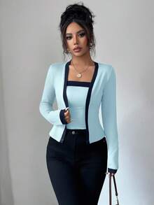 Elenzga 2 件套女士针织拼布优雅开衫和无袖上衣套装 - 彩色 - 查看 6