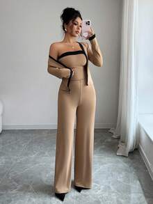 Elenzga 女士休闲通勤时尚舒适优雅撞色开衫、吊带背心和直筒裤三件套，春秋 - 彩色 - 查看 7