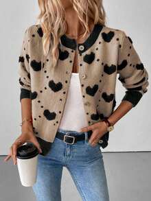 EMERY ROSE Loose Fit Intarsia Heart Knit Cardigan, Autumn/Winter Fall Cloth For Women - Khaki - View 7