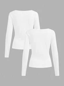 Tseoso 2pcs/Set Women Cotton Knit Cardigan Long Sleeve T-Shirt, Chic Outfit For Autumn/Winter