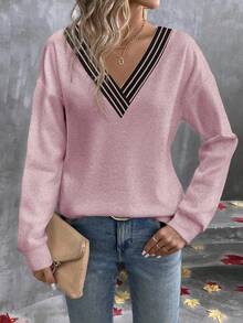 EMERY ROSE 女式 V 领多层条纹印花休闲百搭长袖 T 恤，秋冬 - 粉色 - 查看 4