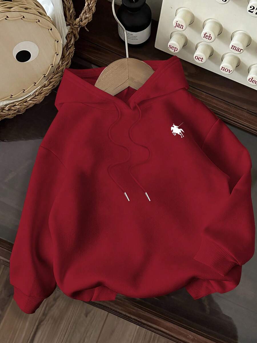 SHEIN EZwear 休闲简约骑马图案卫衣,宽松加厚款,适合秋冬季节、返校季、机场、圣诞节等场合。 - 酒紅色 - 查看 1
