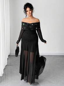 Elenzga Women's Elegant Off Shoulder Sequin Dress - Black - View 5