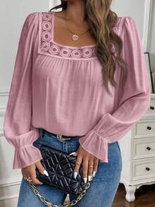 EMERY ROSE Plus Size Women's Casual Solid Color Square Collar Long Sleeve Shirt - Pink - View 1