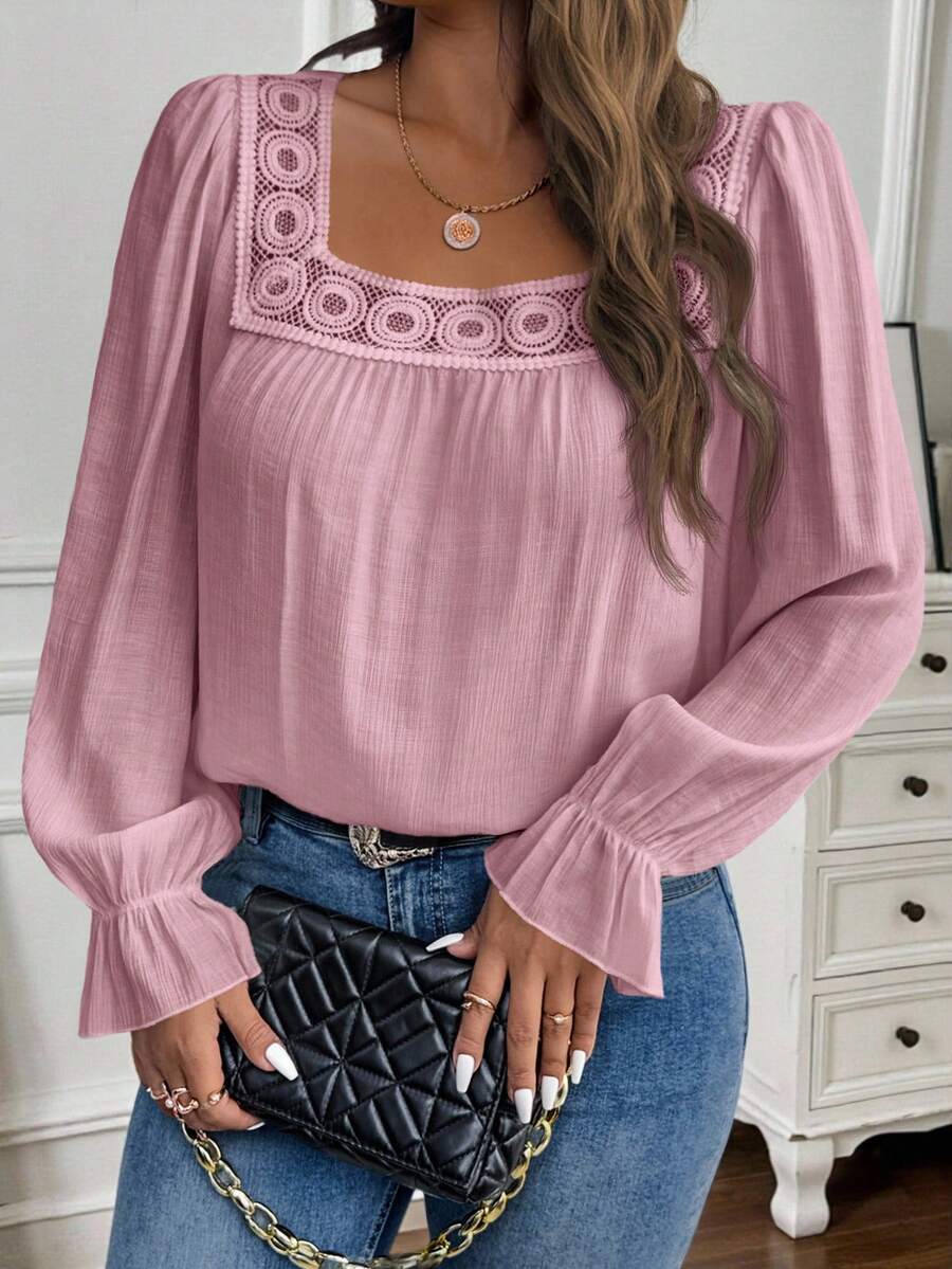 EMERY ROSE Plus Size Women's Casual Solid Color Square Collar Long Sleeve Shirt - Pink - View 1