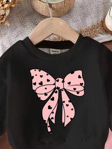 1 Set Baby Mädchen Lässig Süß Herz & Schleife Muster Sweatshirt mit Rundhalsausschnitt und Leggings Set, Rosa und Schwarz, bequeme Herbstoutfits, geeignet für Herbst/Winter