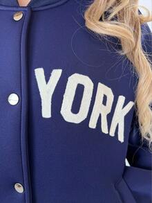 INAWLY Women's Casual Sports College Style Letter Embroidery Drop Shoulder Loose Baseball Jacket - Navy Blue - View 6