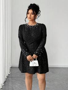 Elenzga Women's Pearl Embellished Metallic Long Sleeve Elegant Dress - Black - View 3