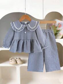 SHEIN Playful Pals 女宝宝荷叶边领条纹长袖上衣配阔腿裤可爱两件套