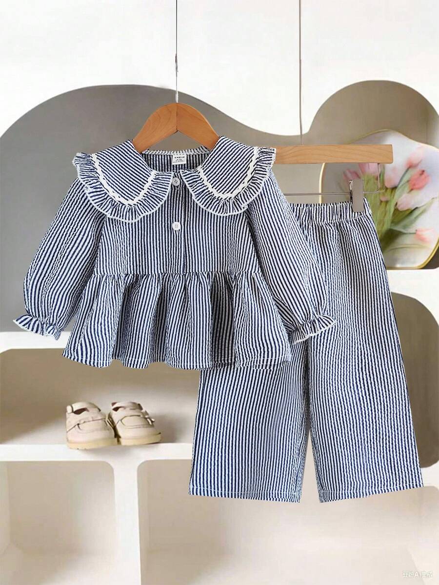 SHEIN Playful Pals 女宝宝荷叶边领条纹长袖上衣配阔腿裤可爱两件套