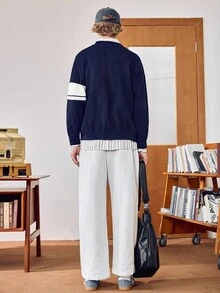 Manfinity Joysei 男士撞色休闲前扣圆领针织开衫，秋冬款 - 藏蓝色 - 查看 2