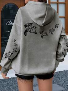 SHEIN EZwear Casual Minimalist Turtle Print Sweatshirt, Suitable For Fall/Winter - Multicolor - View 1