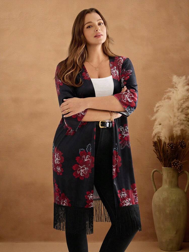 Plus Size Women Velvet Rose Print Tassel Patchwork 3/4 Sleeve Jacket, Fringe Kimono, Floral Kimono, Autumn/Winter Fall