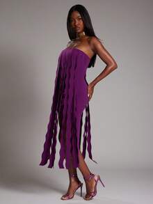 NYA SZN 连衣裙露肩无袖飘逸荷叶边细节特殊场合生日可爱活动秋冬适合女士通勤装 - Bold Plum - 查看 5