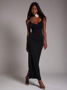 NYA SZN Dress V Neck Fitted Bodycon Asymmetrical Sleeve Metal Detail Special Occasion Wedding Birthday Prom Elegant Date Brunch Y2K Sexy Cute Maxi Length Fall Summer Fall Suitable For Commuting Statement Festival Kings Day Outfits For Women - Black - View 4
