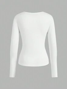 SHEIN EZwear 2pcs/Set Women Deep V-Neck Slim Fit Casual Long Sleeve T-Shirt Top Set, Suitable For Autumn/Winter - White - View 4