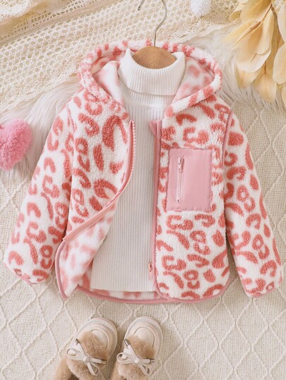 Serenescape Chaqueta de bebé niña casual y linda con cuello alto, cremallera, bolsillo falso y estampado de leopardo con pelaje, para otoño/invierno