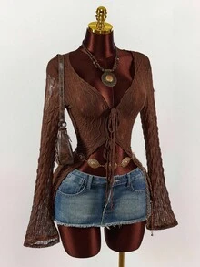 Amplova 90s Bell Sleeve Tie Front Textured Sheer Top - Chocolate Brown - View 8