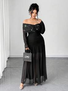 Elenzga Women's Elegant Off Shoulder Sequin Dress - Black - View 6