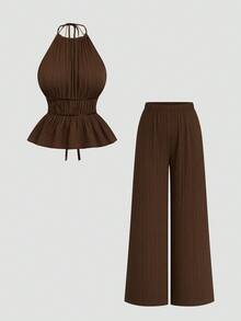 Sweetra 2pcs/Set Solid Color Minimalist Sleeveless Crop Top And Skinny Pants, Sexy Style - Brown - View 1
