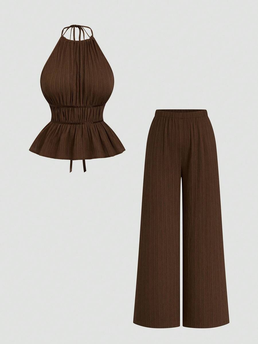 Sweetra 2pcs/Set Solid Color Minimalist Sleeveless Crop Top And Skinny Pants, Sexy Style - Brown - View 1