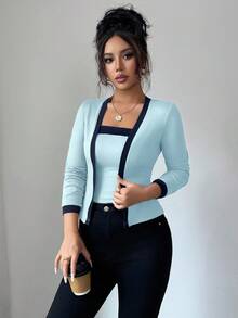 Elenzga 2 件套女士针织拼布优雅开衫和无袖上衣套装 - 彩色 - 查看 3